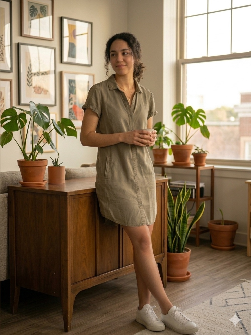 Casual Olive Green Shirt Dress - Picture 3 of 6